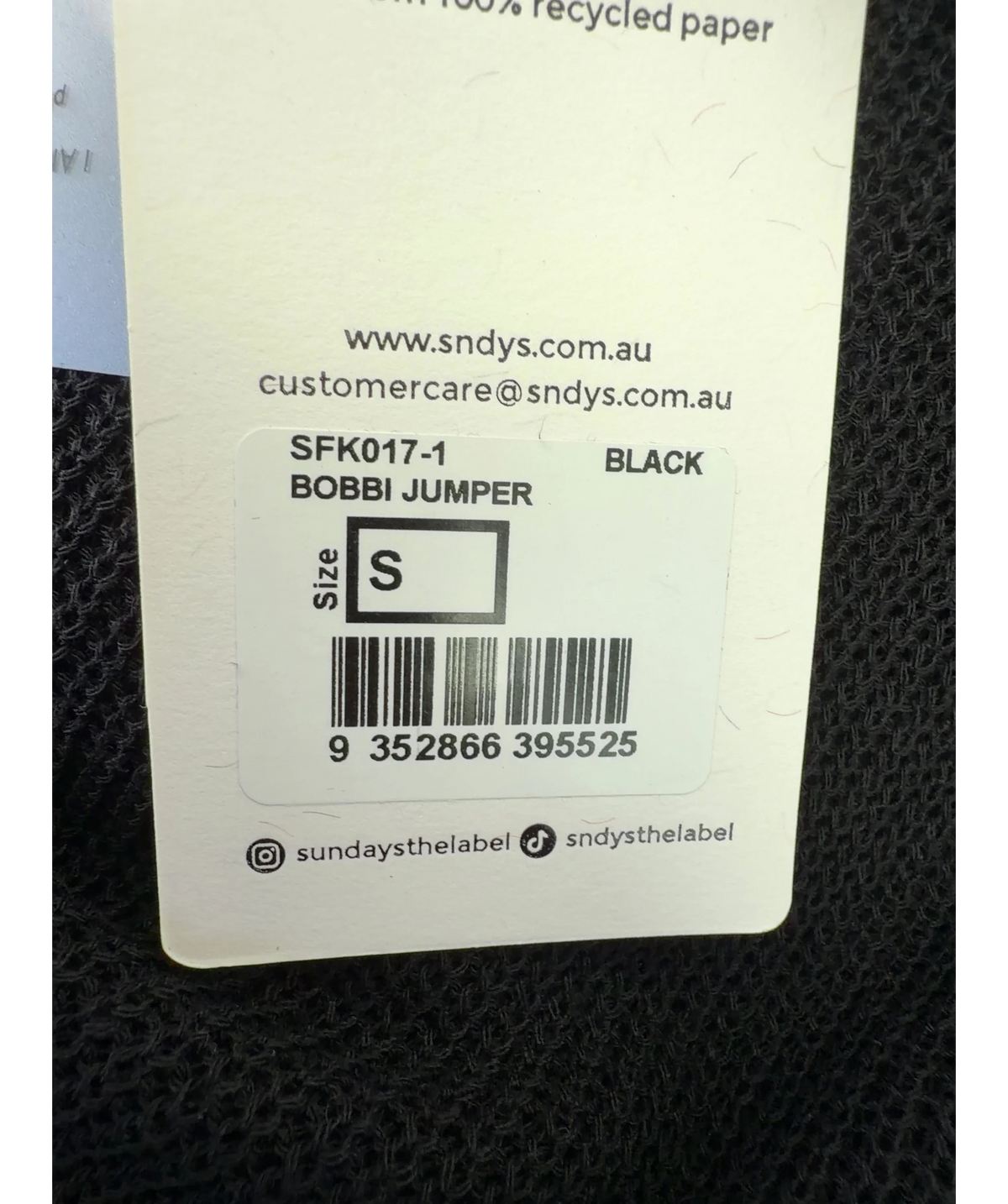 Sndys Black Bobbi Jumper, size UK S — care label