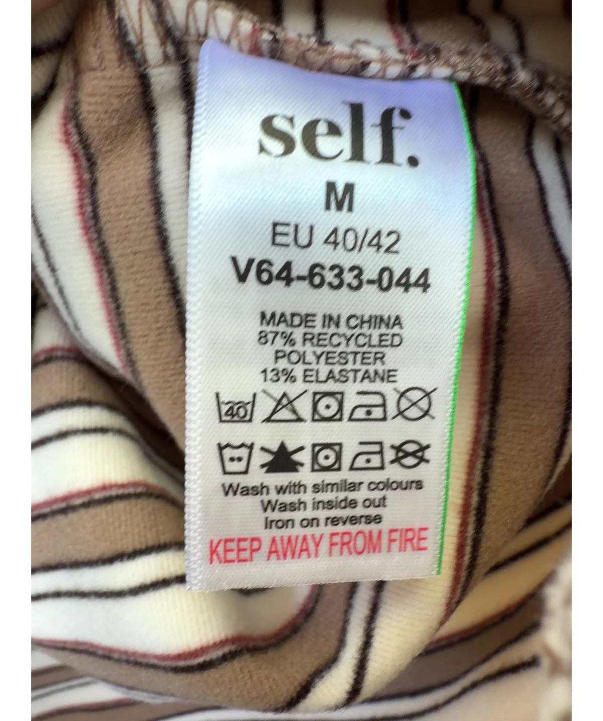 Self Brown Brown Stripe V-Neck Long Sleeve T-Shirt, size UK M — label