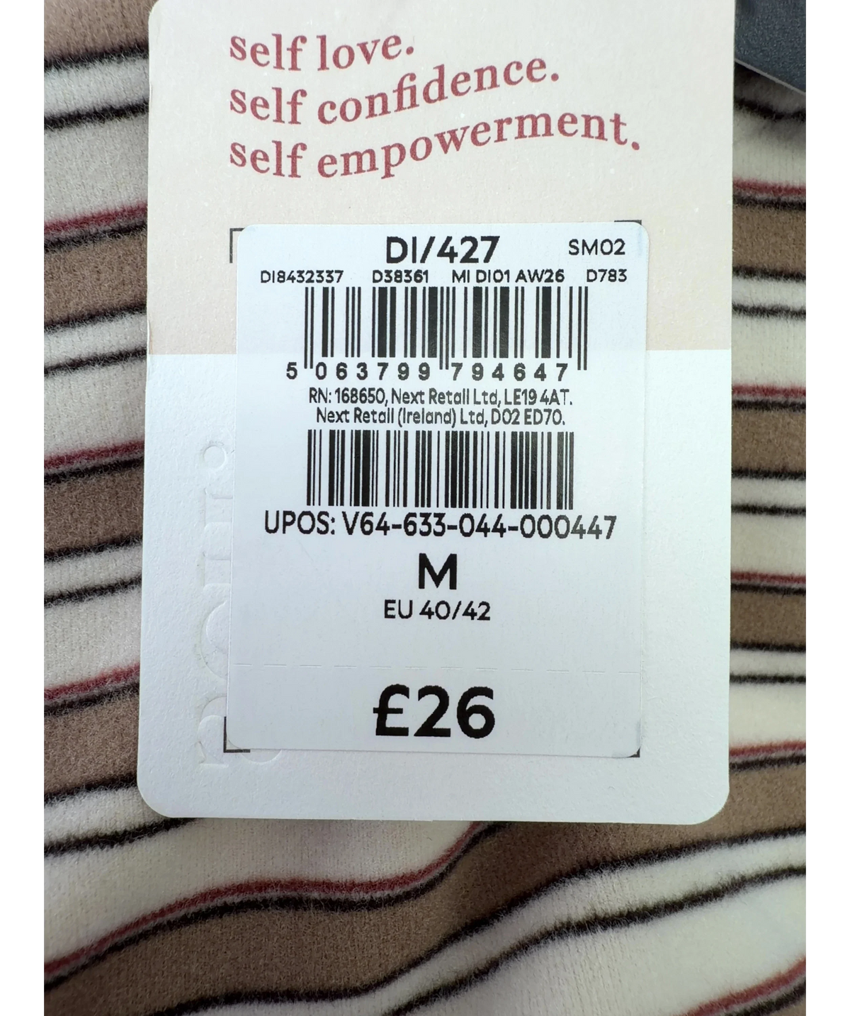 Self Brown Brown Stripe V-Neck Long Sleeve T-Shirt, size UK M — care label
