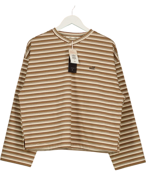 Self Brown Stripe V-Neck Long Sleeve T-Shirt UK M