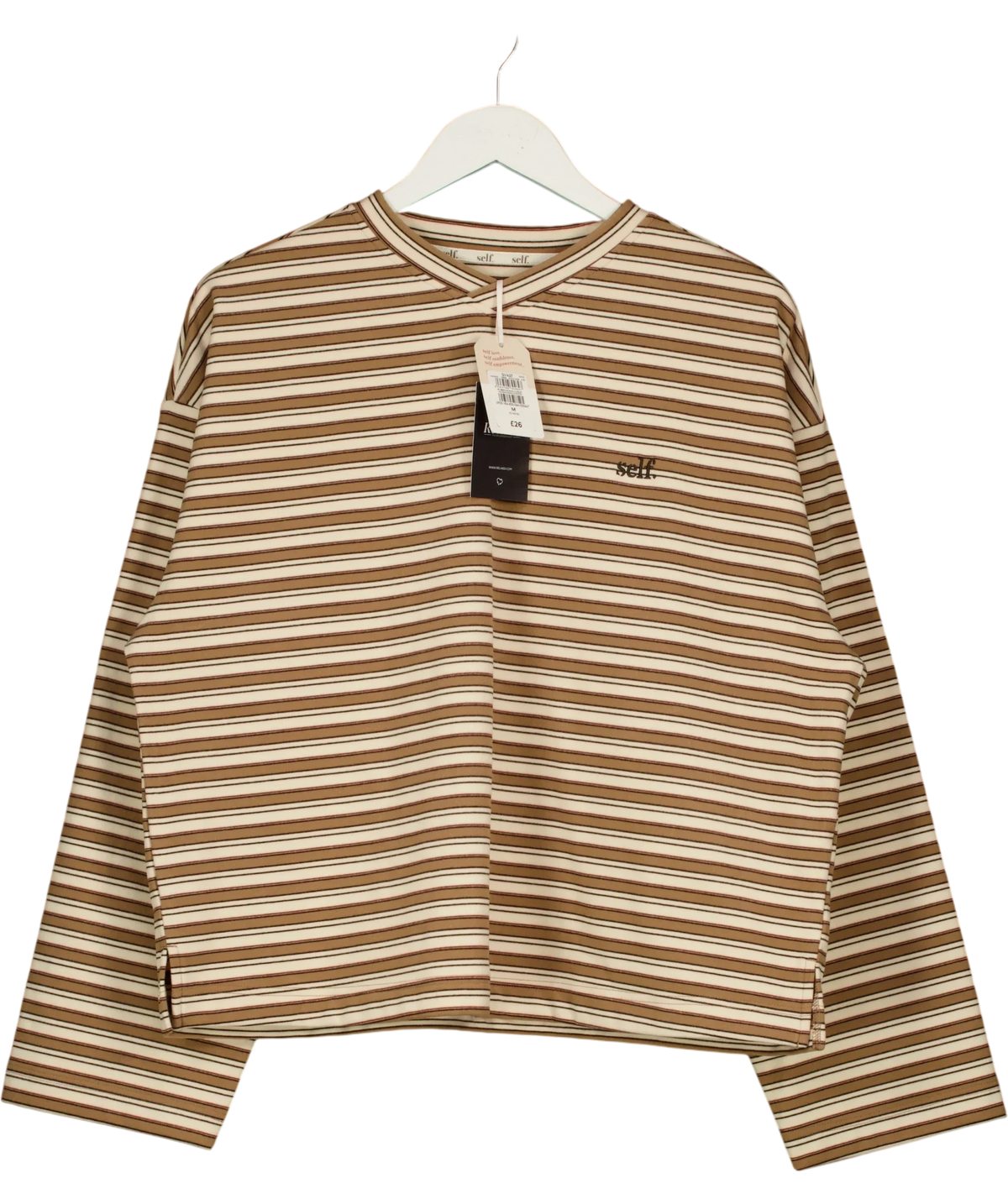 Self Brown Brown Stripe V-Neck Long Sleeve T-Shirt, size UK M — front