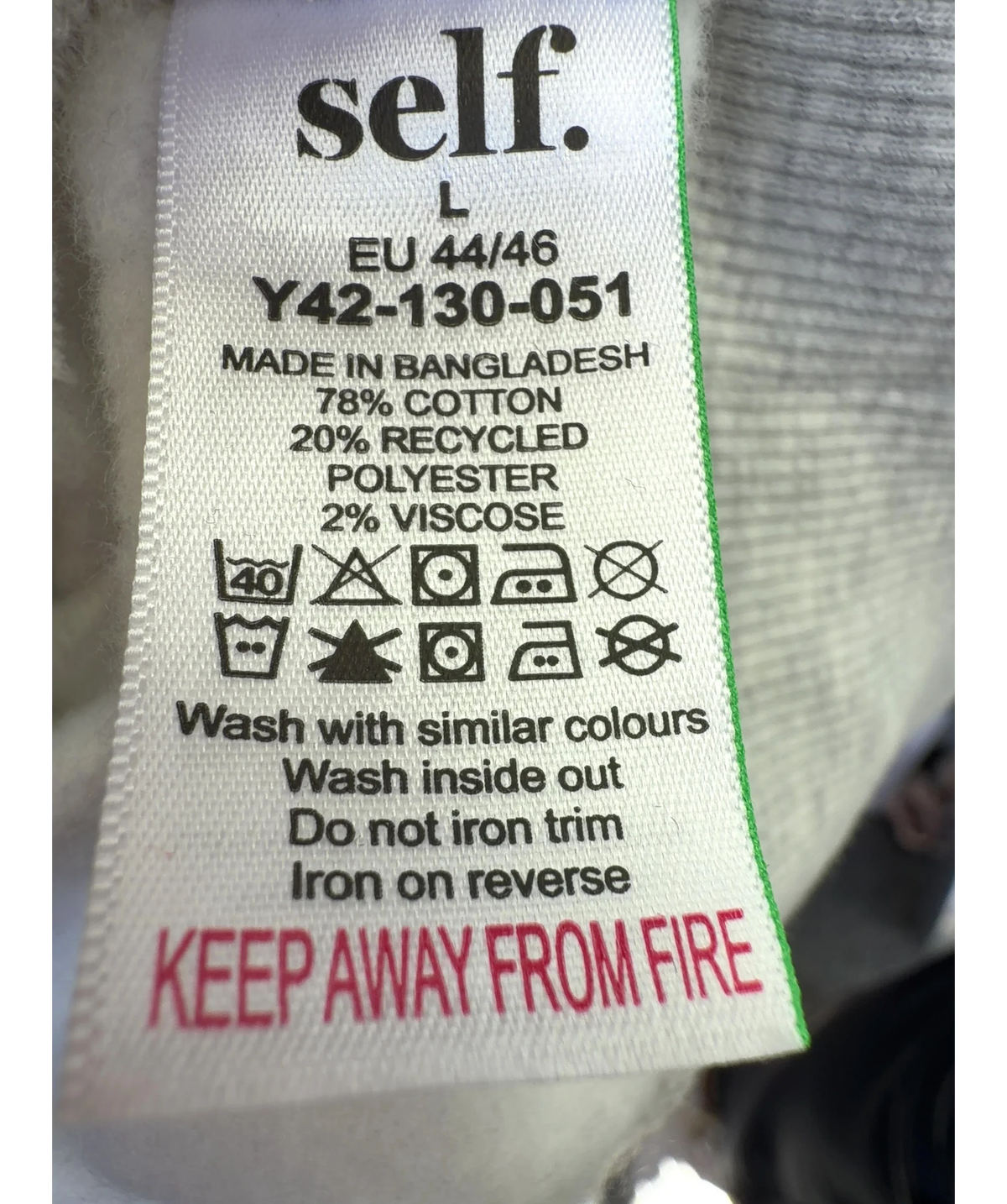 self. Grey Colour, size UK L — label