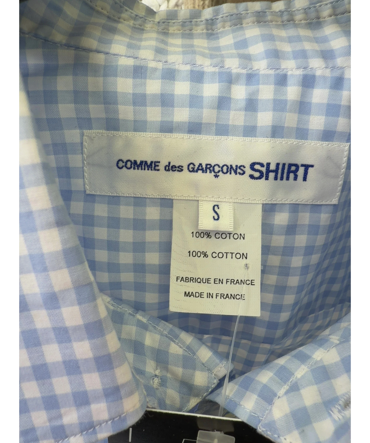 COMME des GARÇONS SHIRT Blue blue gingham shirt, size UK S — label