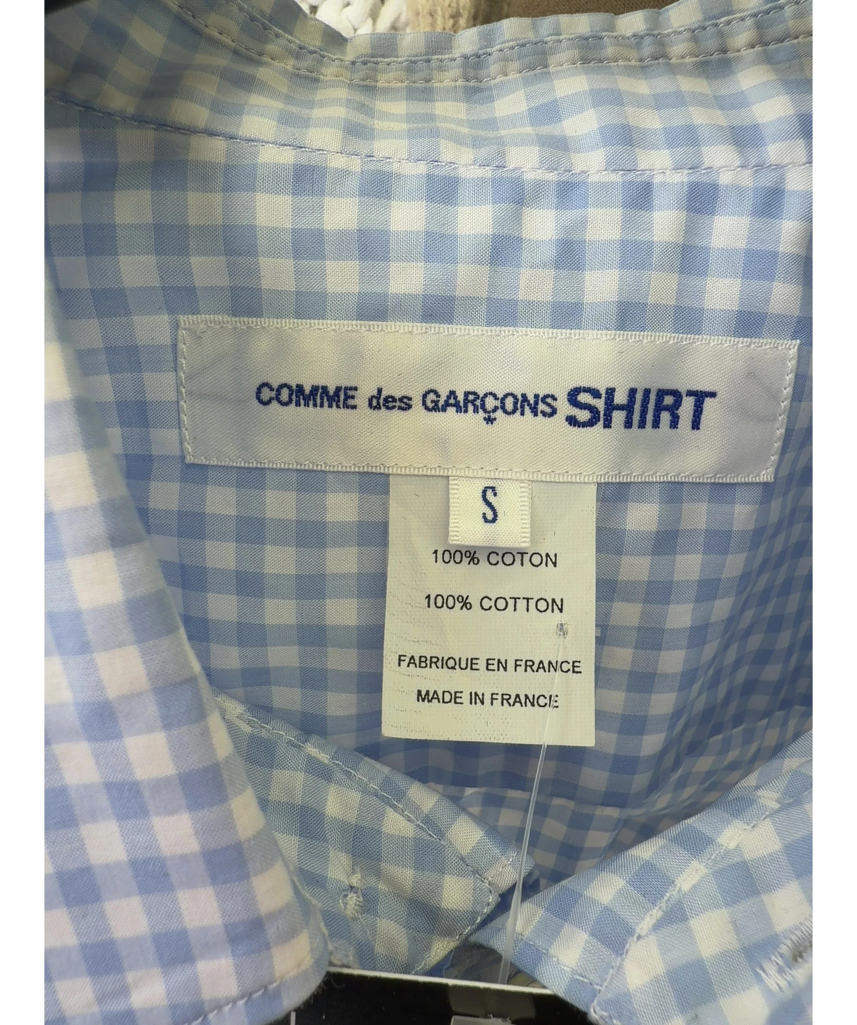 COMME des GARÇONS SHIRT Blue blue gingham shirt, size UK S — care label