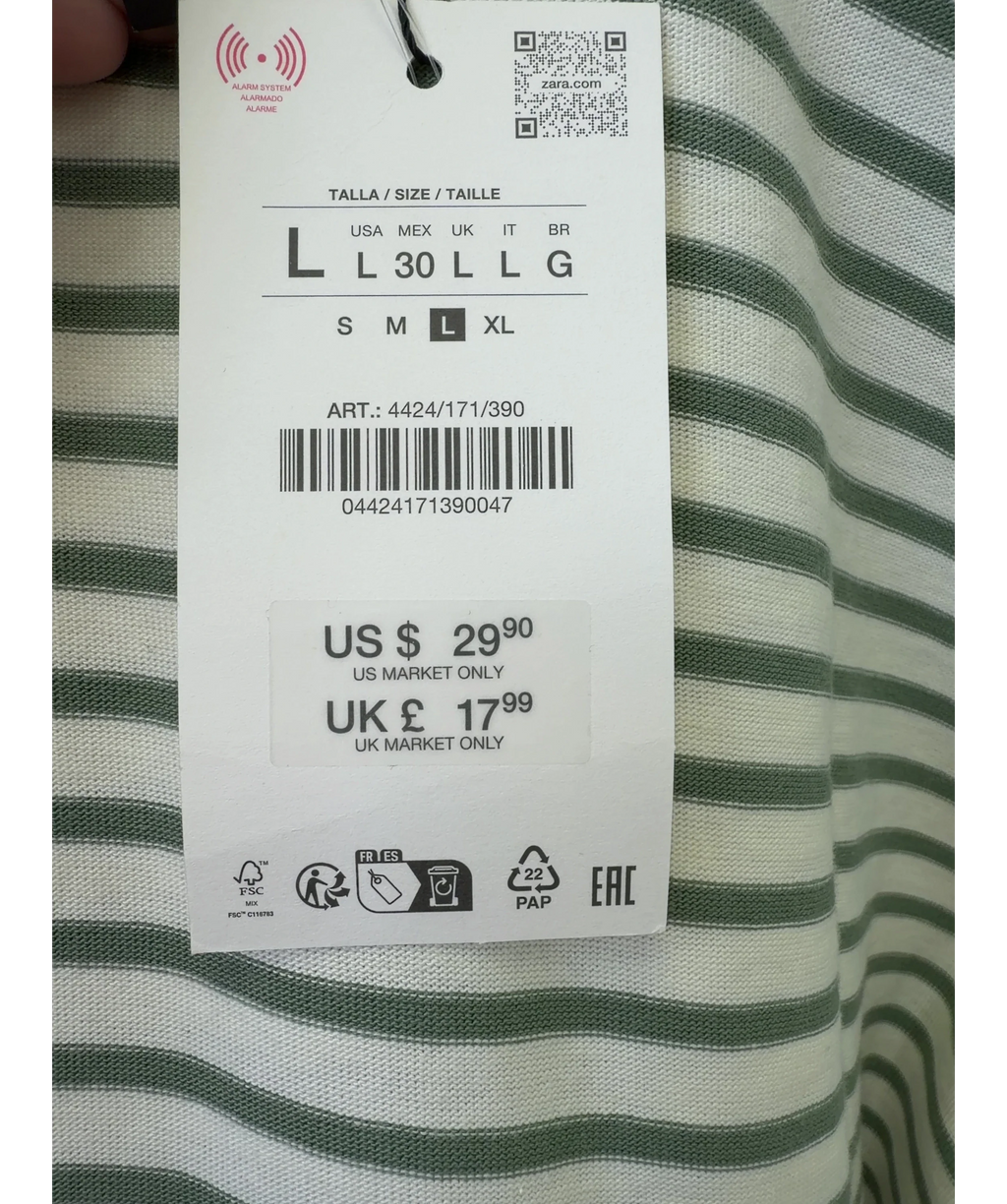 ZARA Green Striped Long Sleeve T-Shirt, size UK L — care label