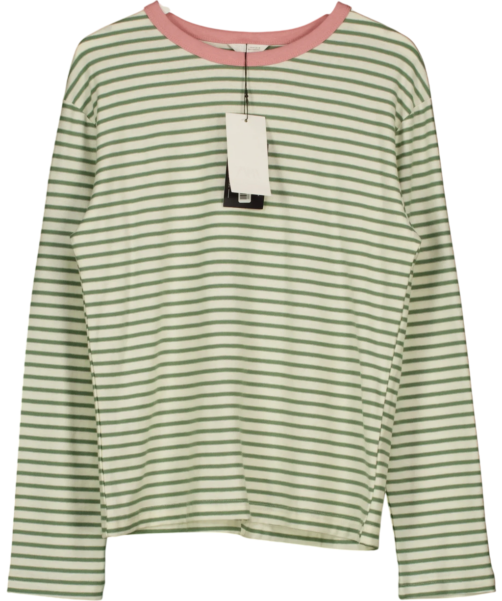 ZARA Green Striped Long Sleeve T-Shirt, size UK L — front
