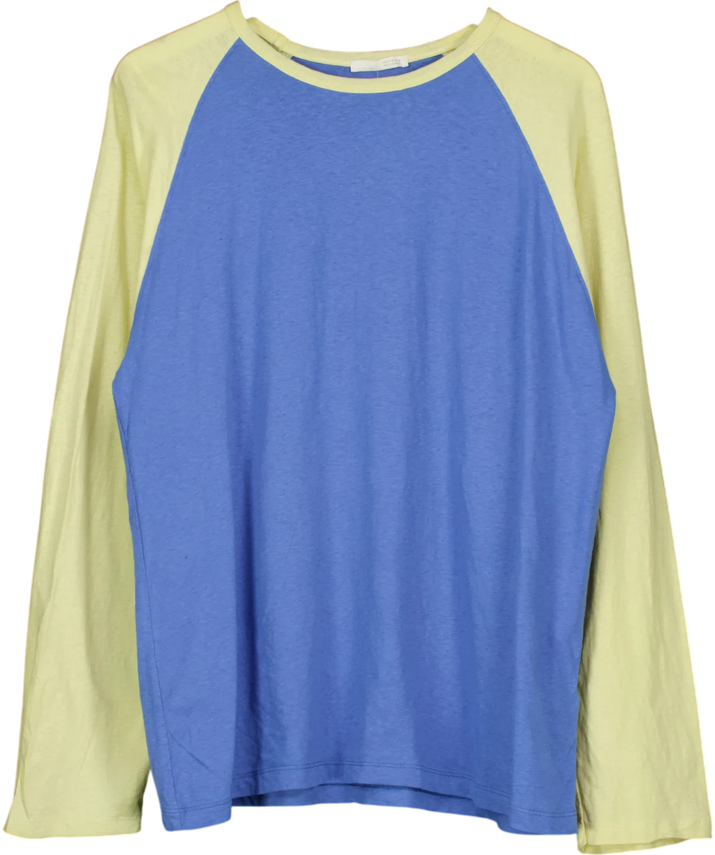 ZARA Blue raglan long-sleeve colourblock t-shirt, size UK M — front