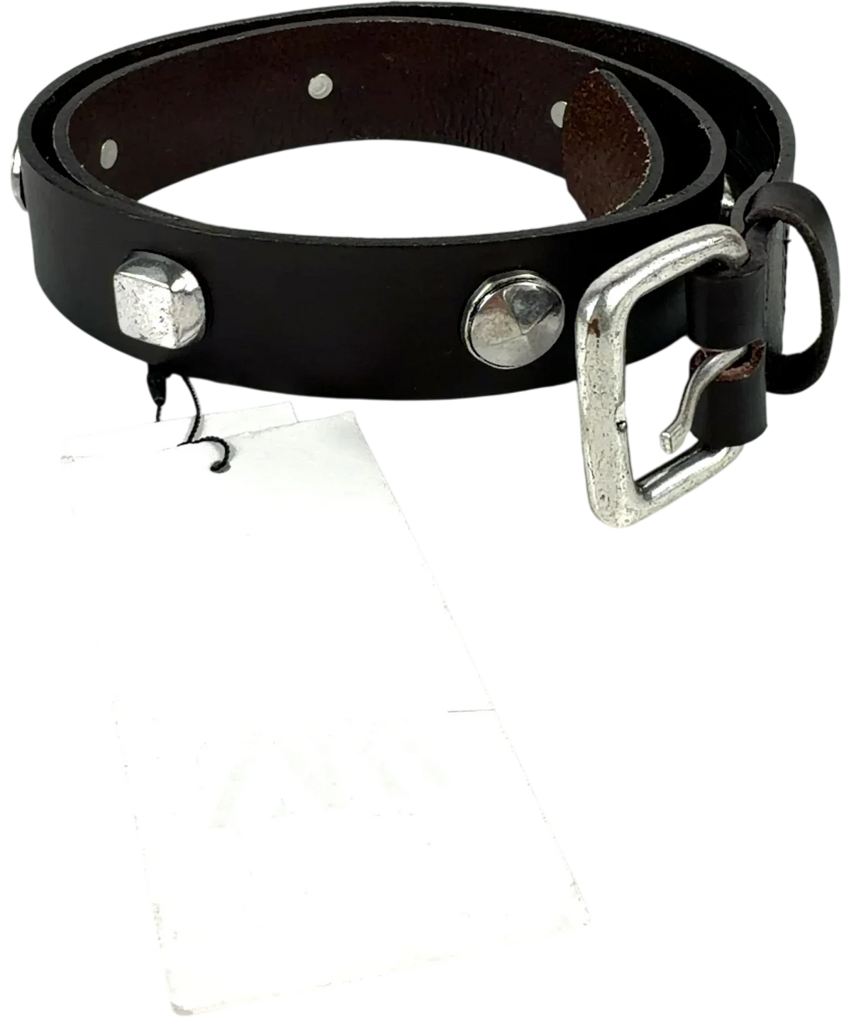 ZARA Black Studded Leather Belt, size UK S — front