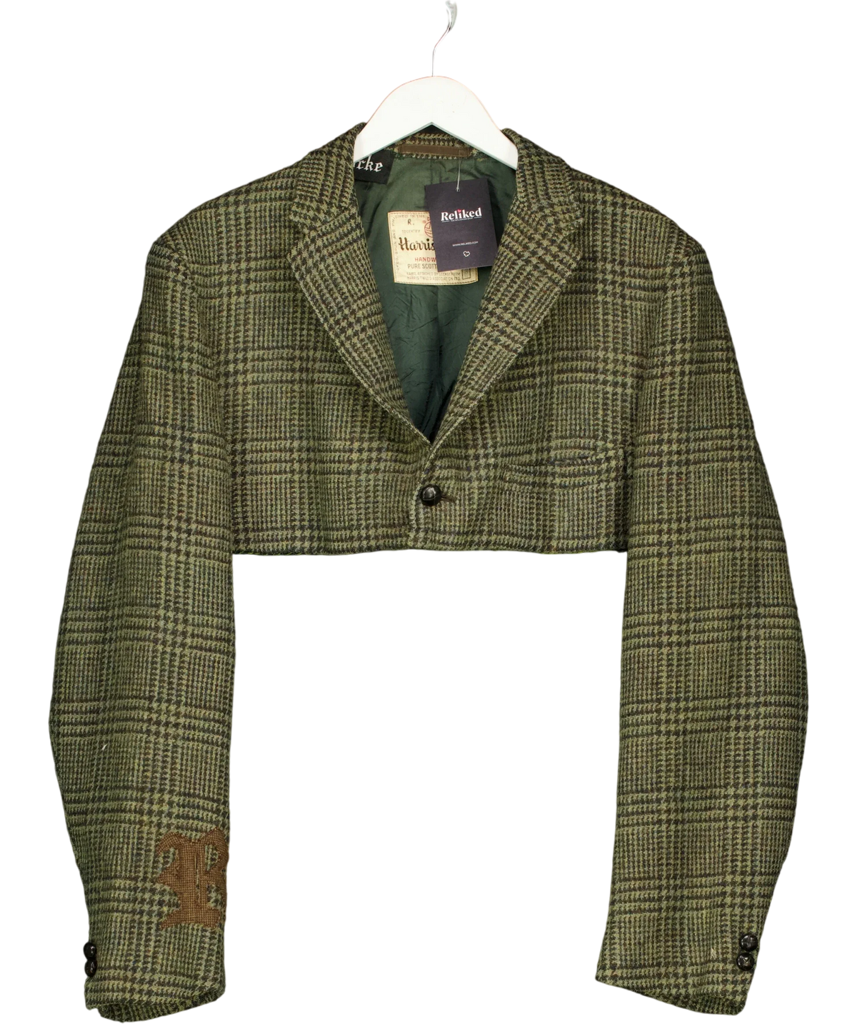 Harris Tweed Green Cropped Green Glen Check Blazer, size UK S — front