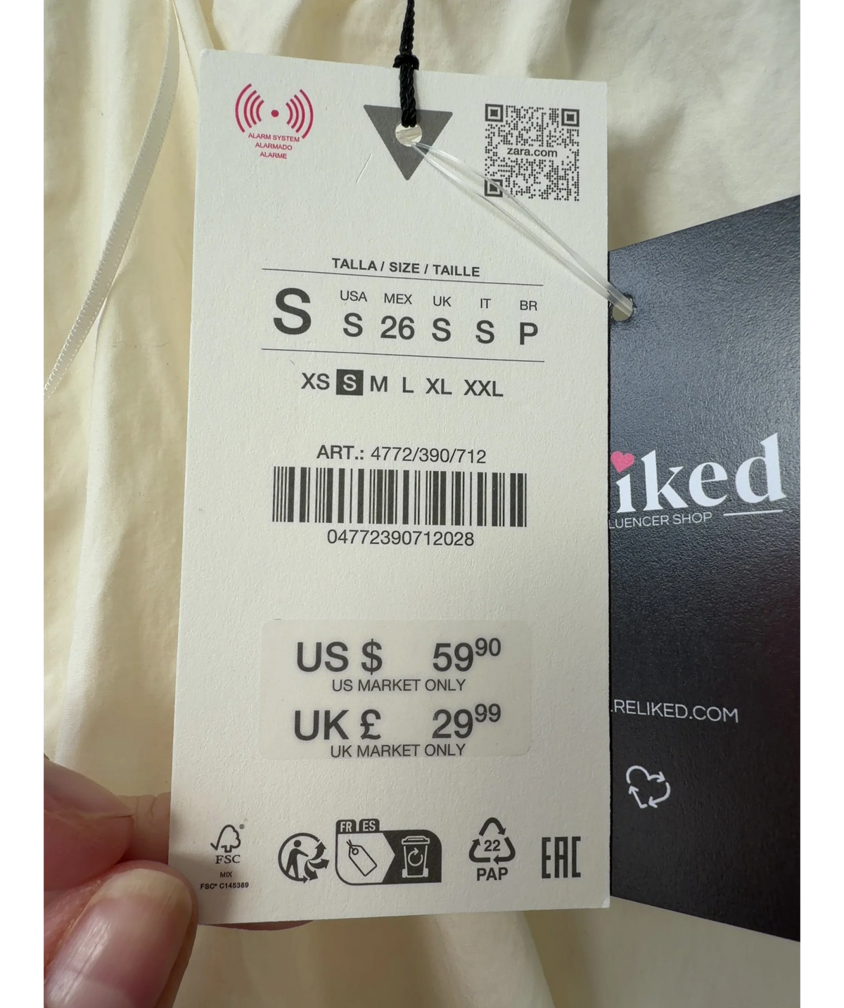 ZARA Cream Colour, size UK S — care label