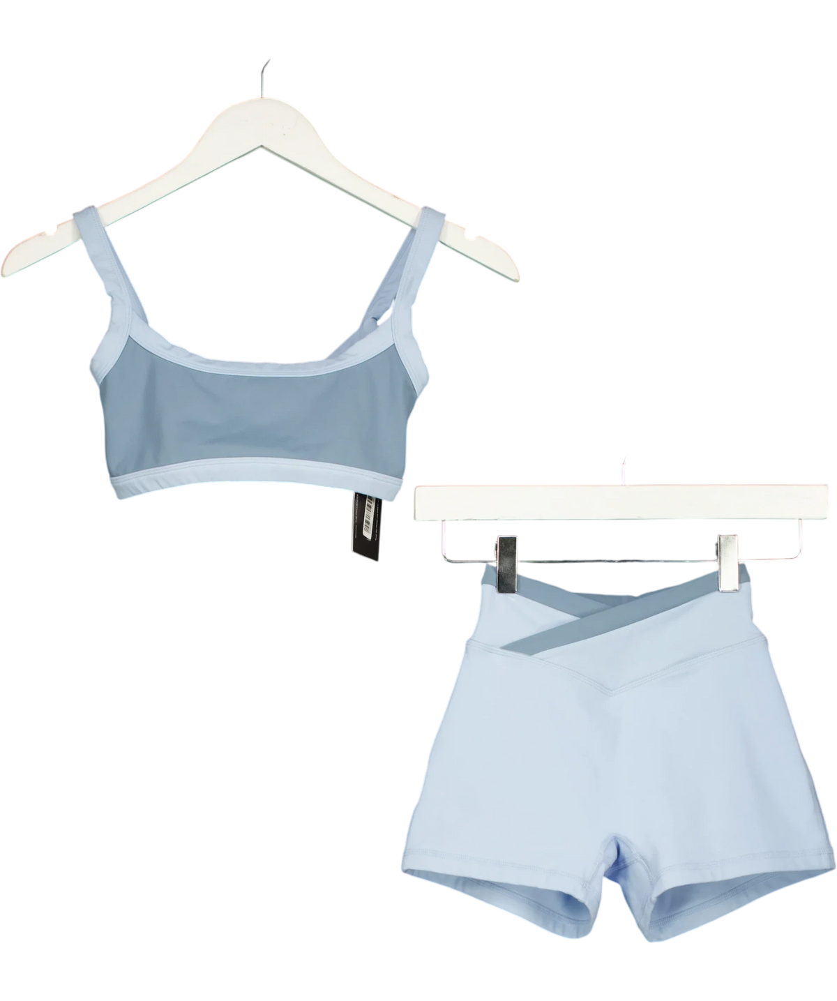Bo + Tee Blue Soft Active Scoop Neck Sports Bra and Soft Active Pocket V-Waist Mini Shorts, size UK XS/S — front