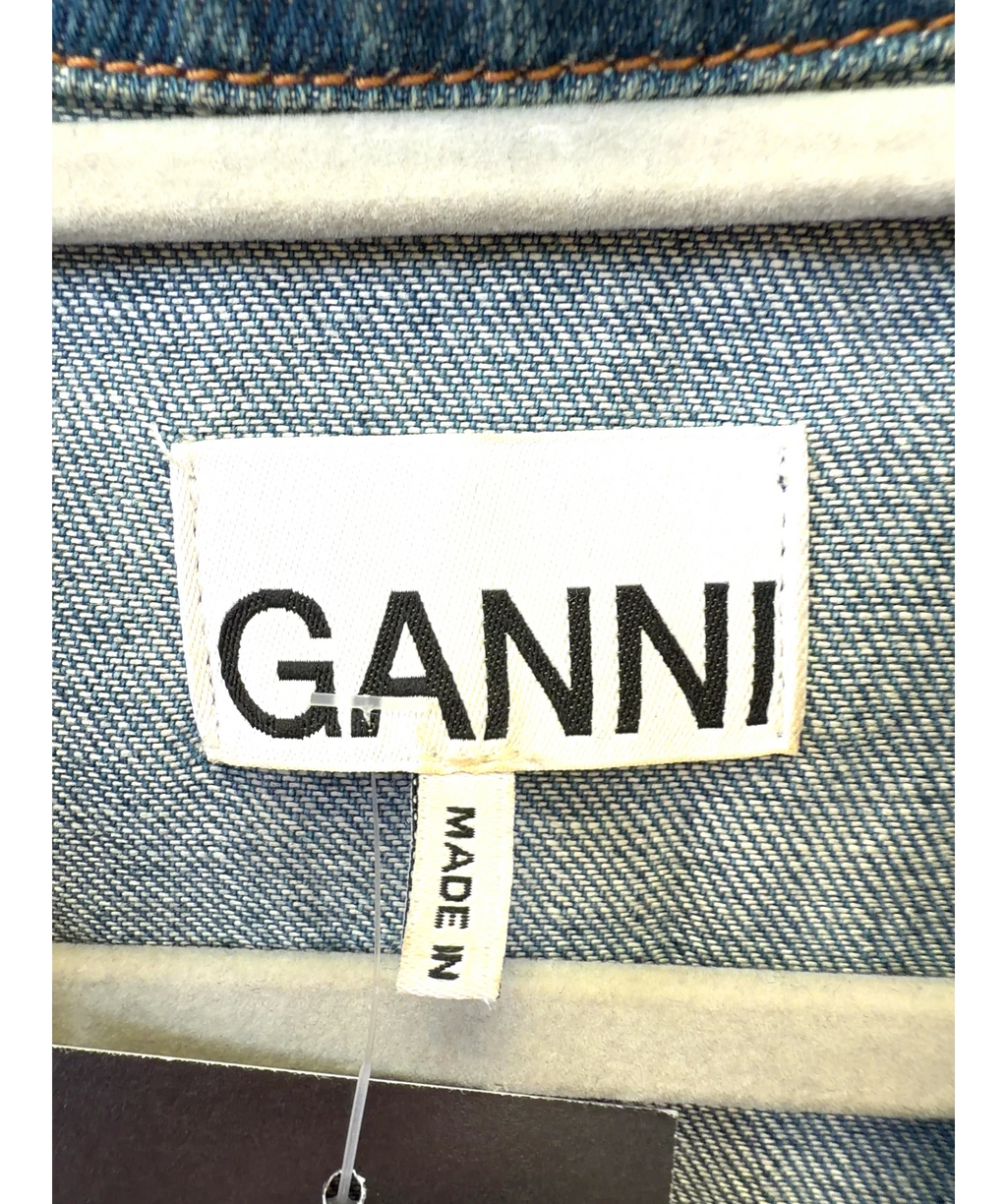 Ganni Blue Crystal-Button Cotton-Blend Denim Shirt, size UK 8 — detail