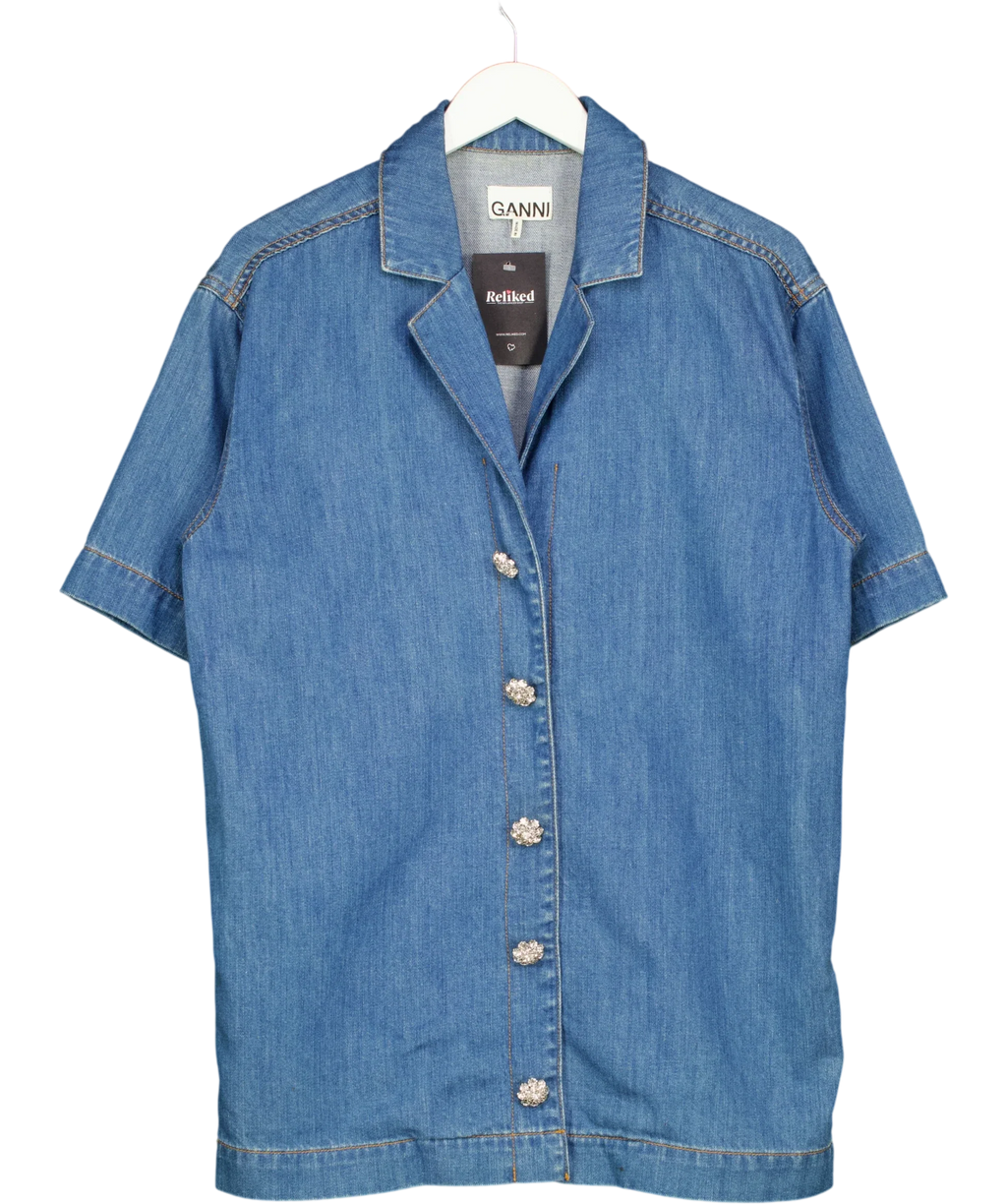 Ganni Blue Crystal-Button Cotton-Blend Denim Shirt, size UK 8 — front