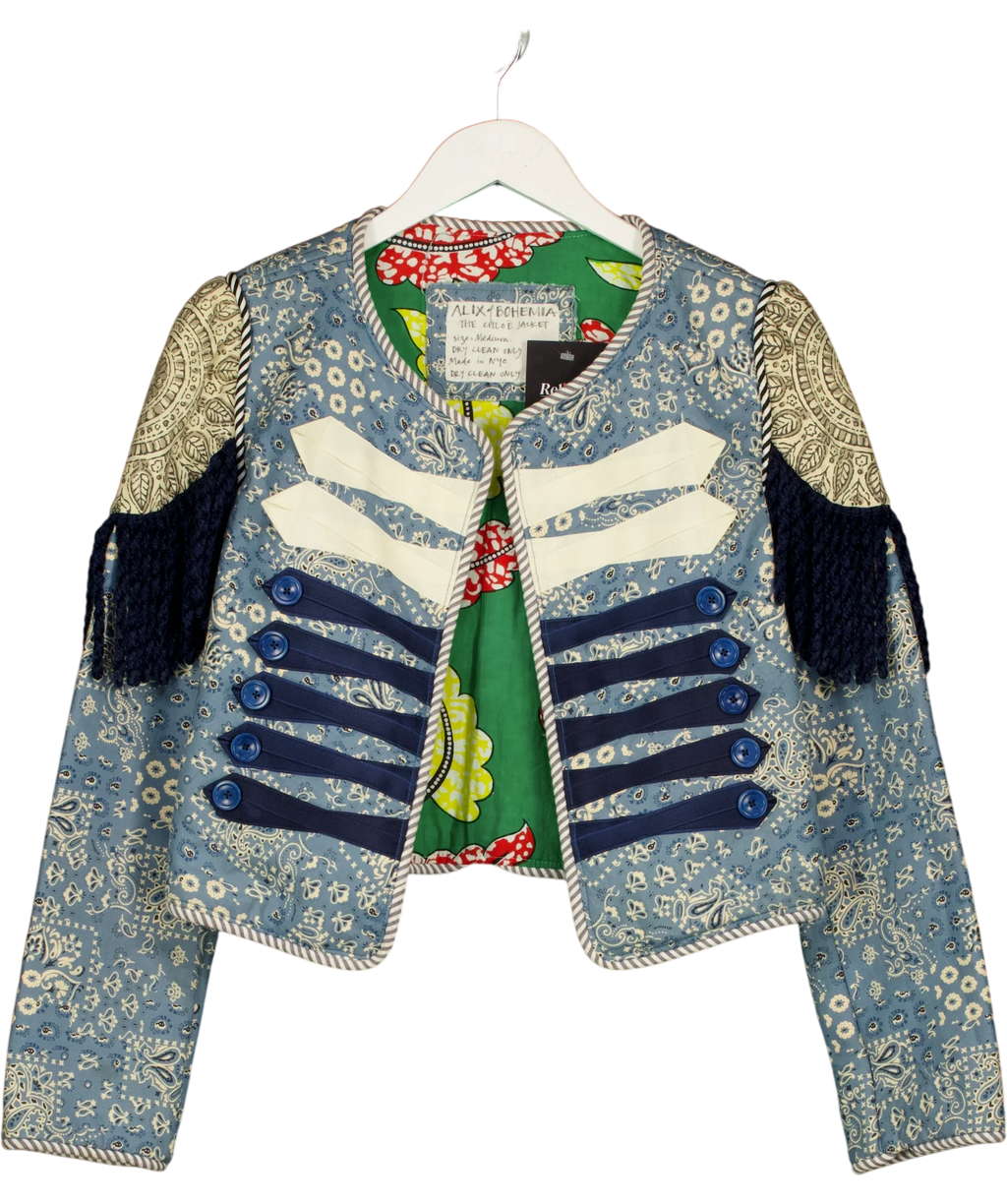 Alix of Bohemia Multicoloured The Chloe Jacket Printed Patchwork Cropped Military Blazer, size UK M — front