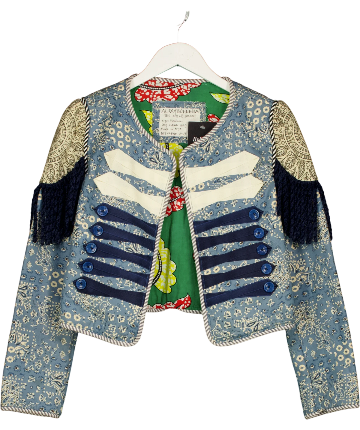 Alix of Bohemia Multicoloured The Chloe Jacket Printed Patchwork Cropped Military Blazer, size UK M — front
