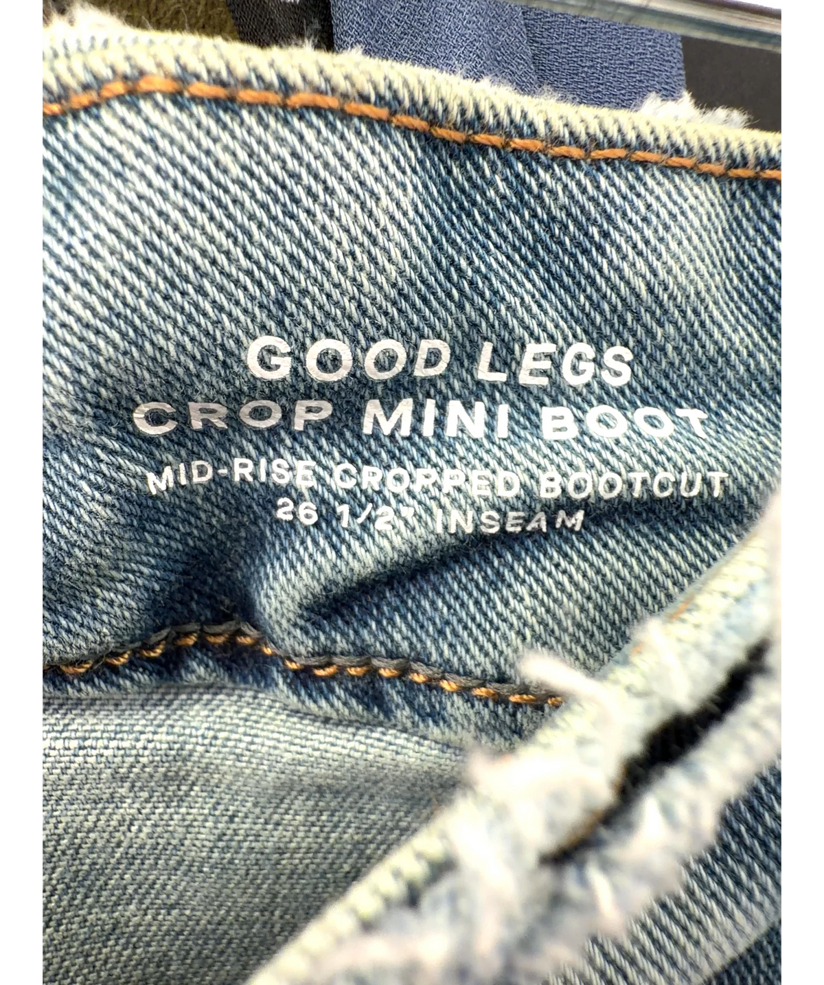 Good American Blue Good Legs Crop Mini Boot, size W28 — label