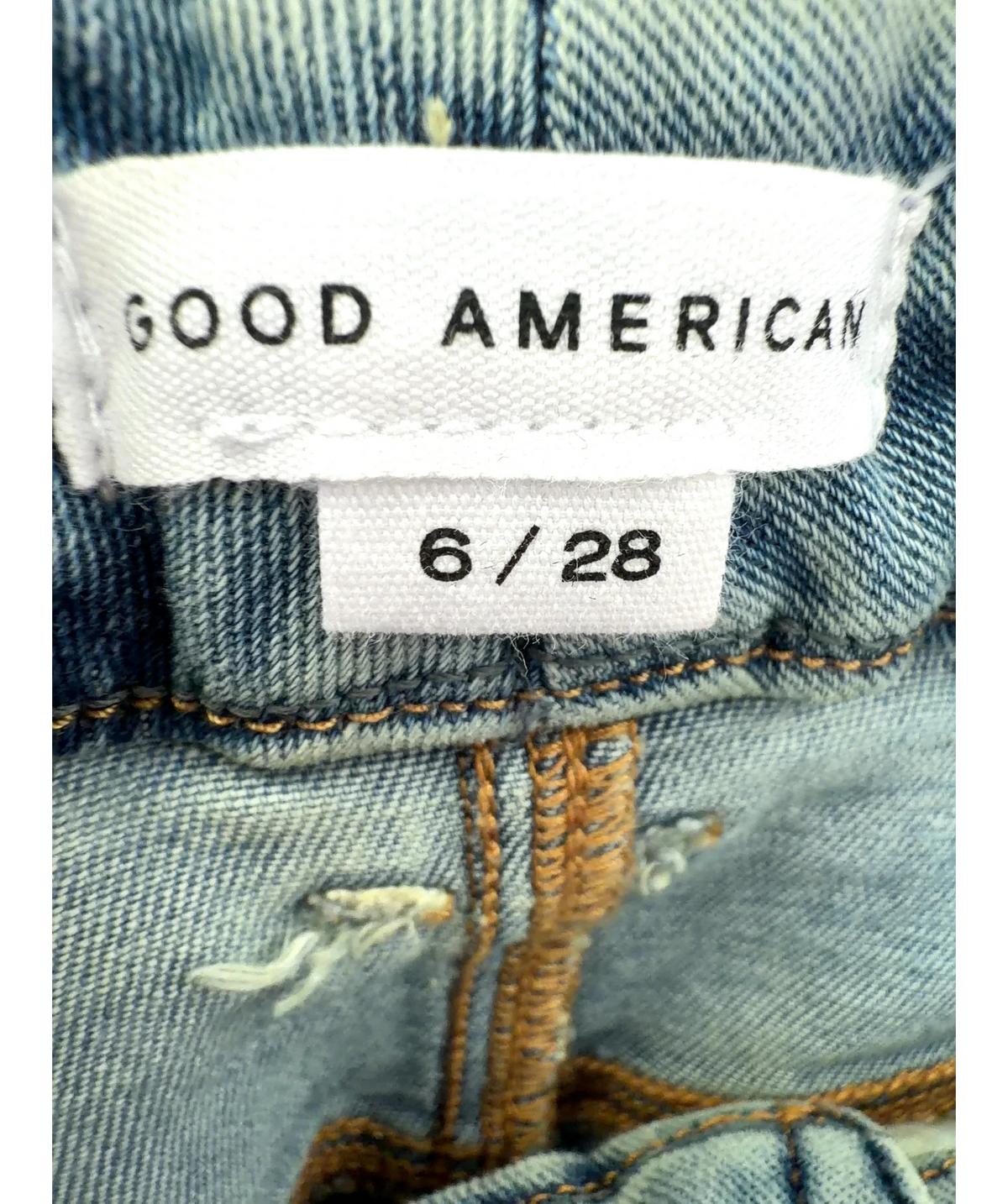 Good American Blue Good Legs Crop Mini Boot, size W28 — care label