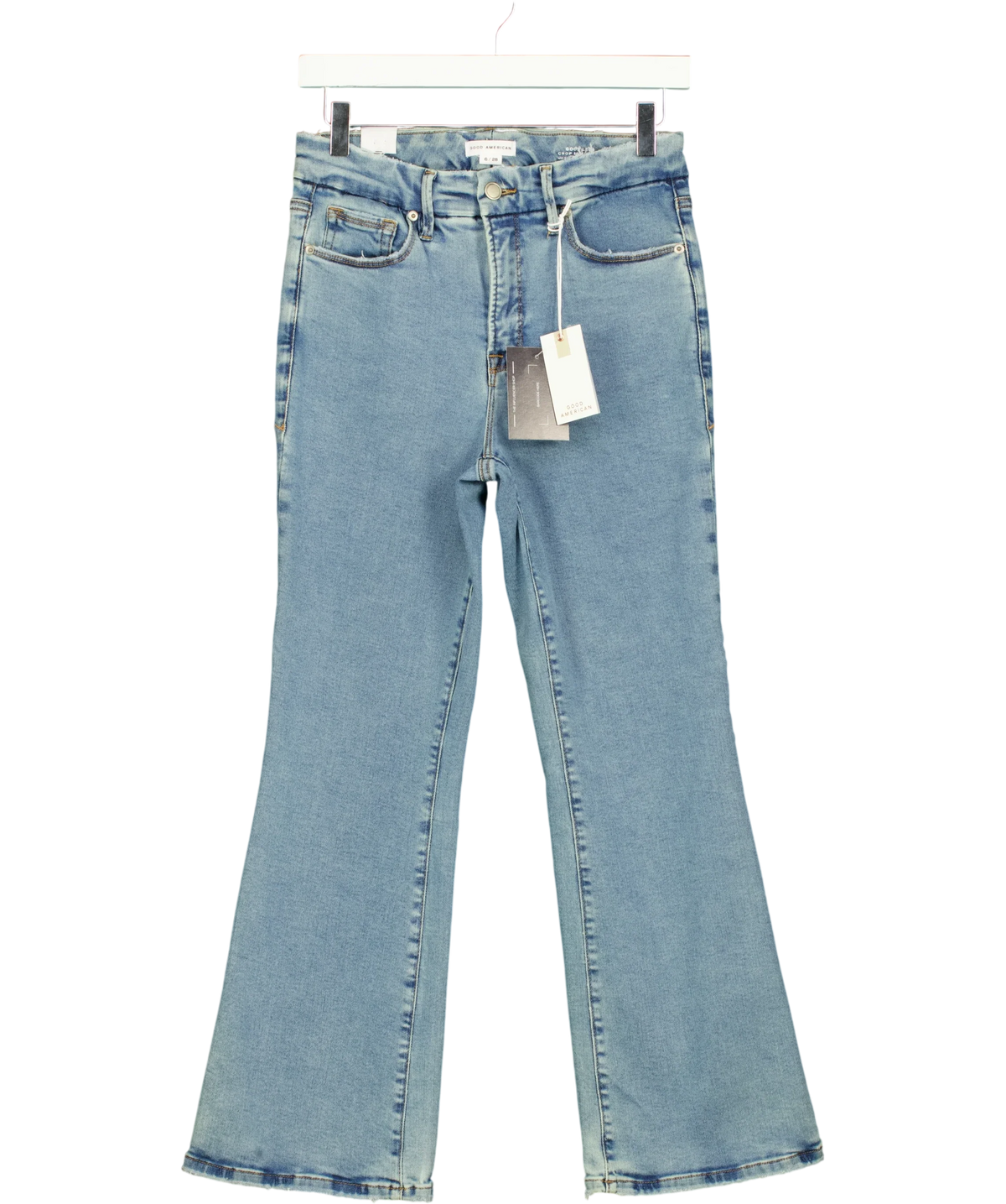 Good American Blue Good Legs Crop Mini Boot, size W28 — front