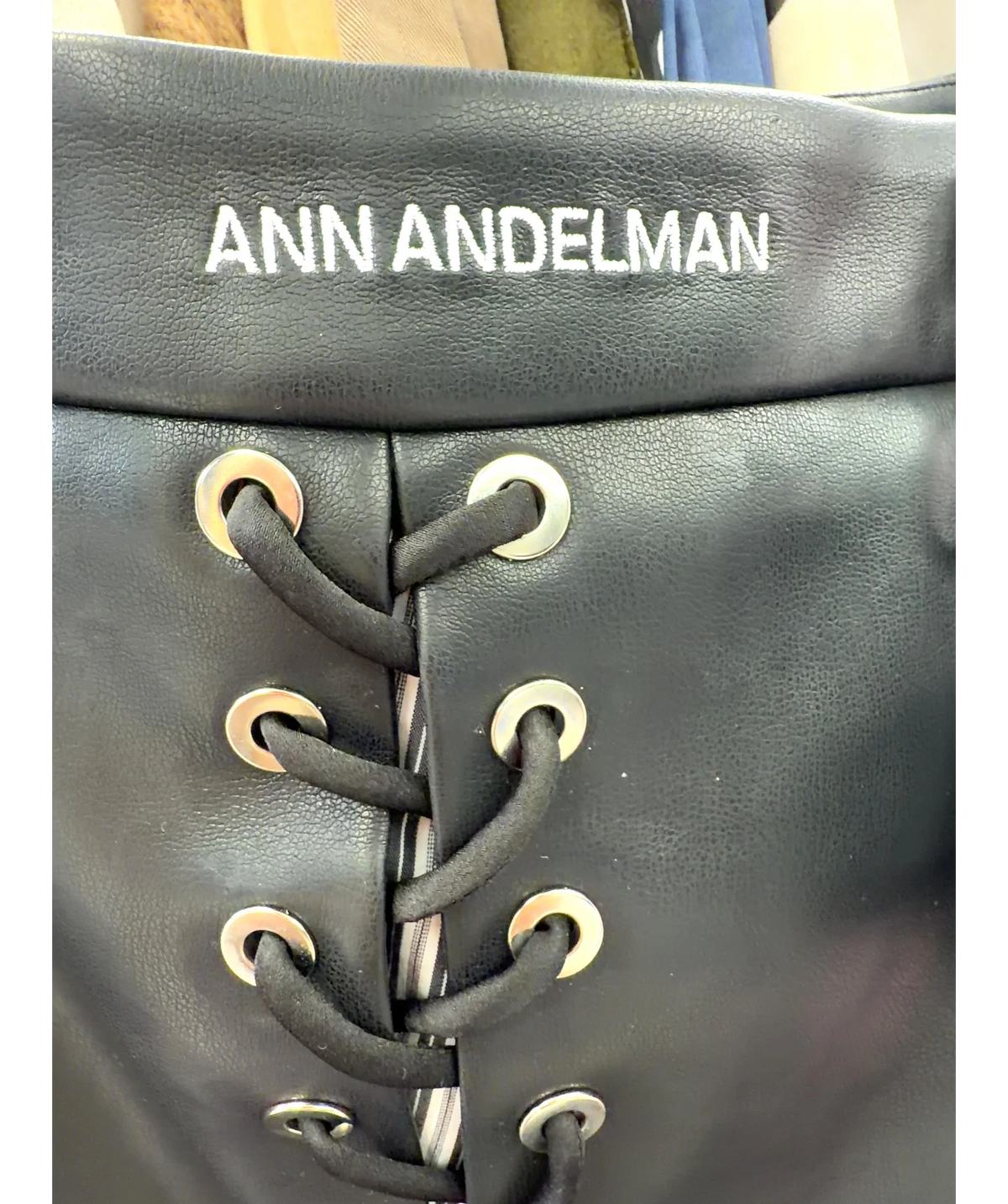 ANN ANDELMAN Black lace-up faux leather and striped ruffle skirt, size UK S — detail