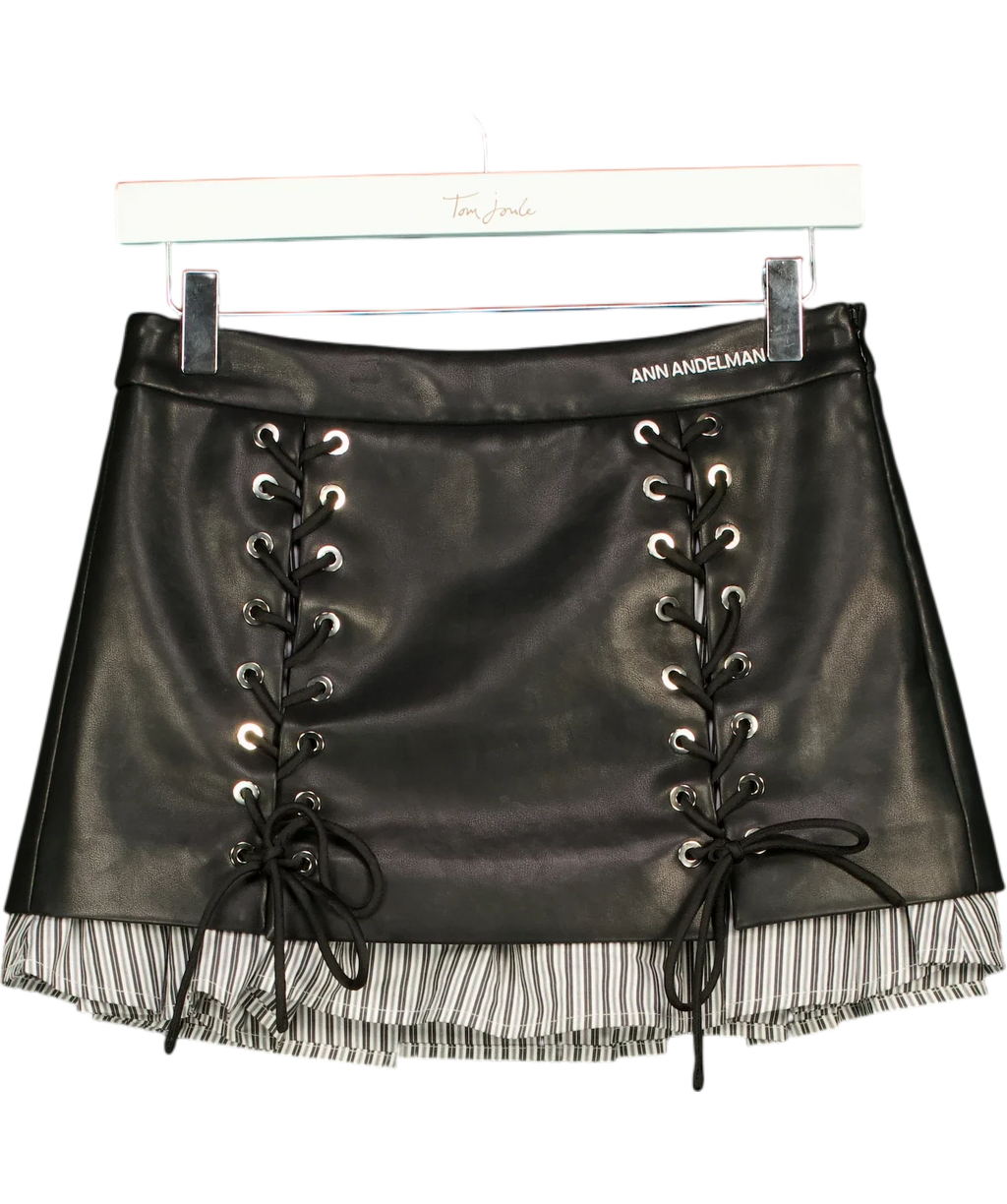 ANN ANDELMAN Black lace-up faux leather and striped ruffle skirt, size UK S — front