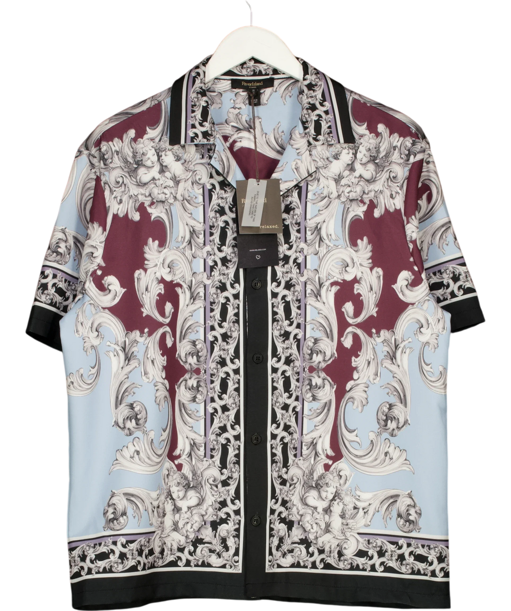 River Island light blue baroque cherub print shirt, size UK M — front