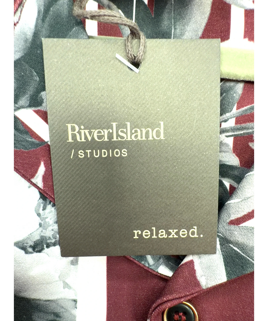 River Island burgundy Red Regular Fit Stripe Floral Shirt, size UK M — detail