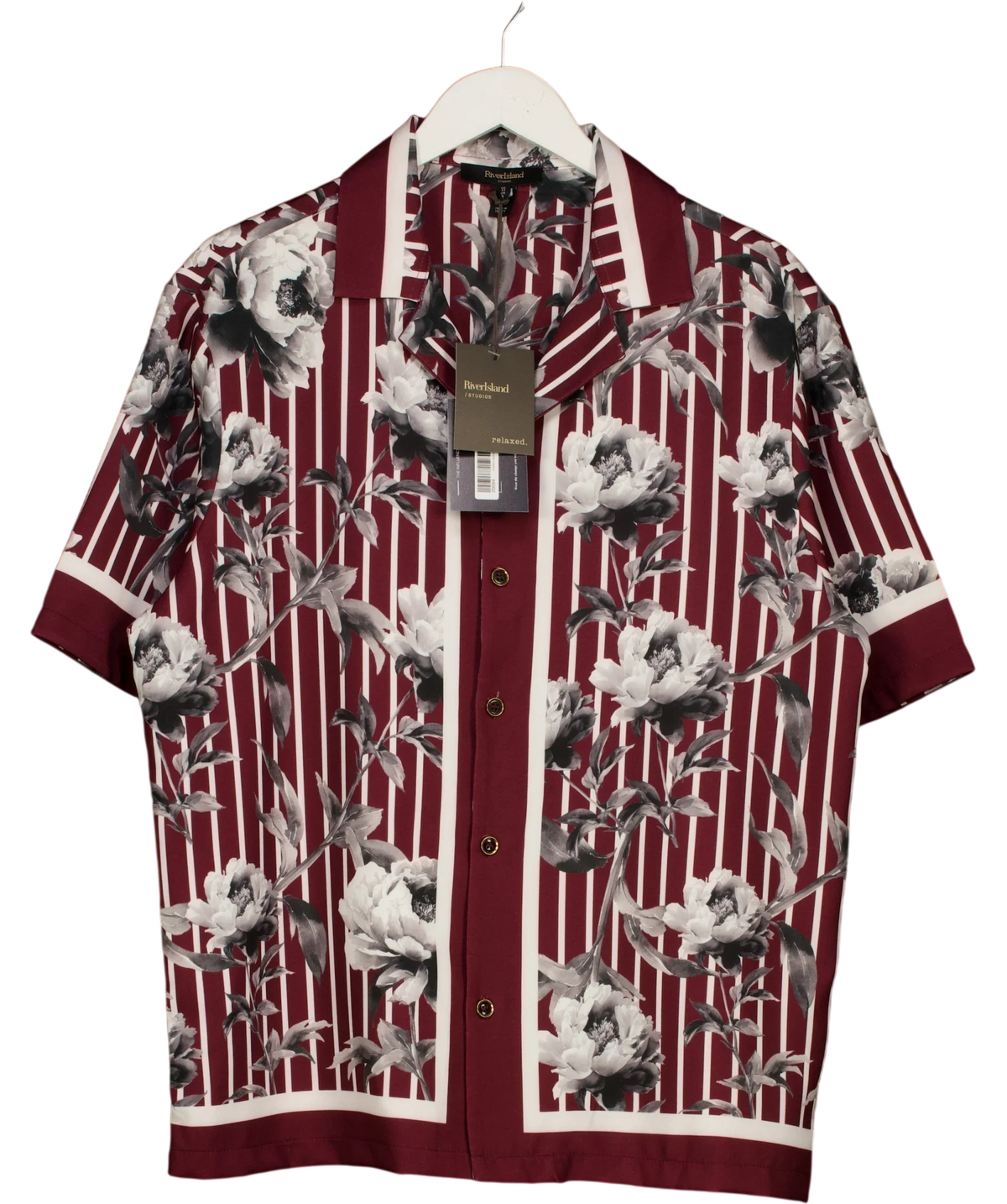 River Island burgundy Red Regular Fit Stripe Floral Shirt, size UK M — front