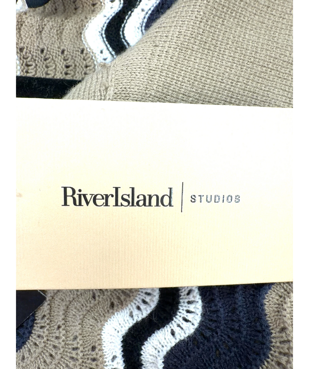 River Island Beige wavy stripe knit polo shirt, size UK M — detail