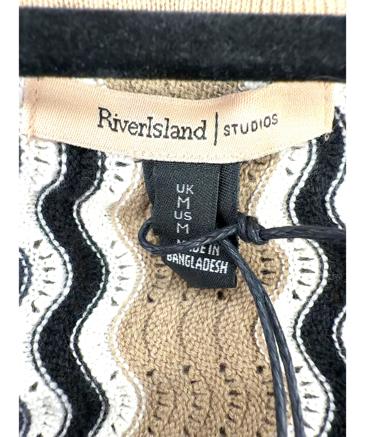 River Island Beige wavy stripe knit polo shirt, size UK M — care label