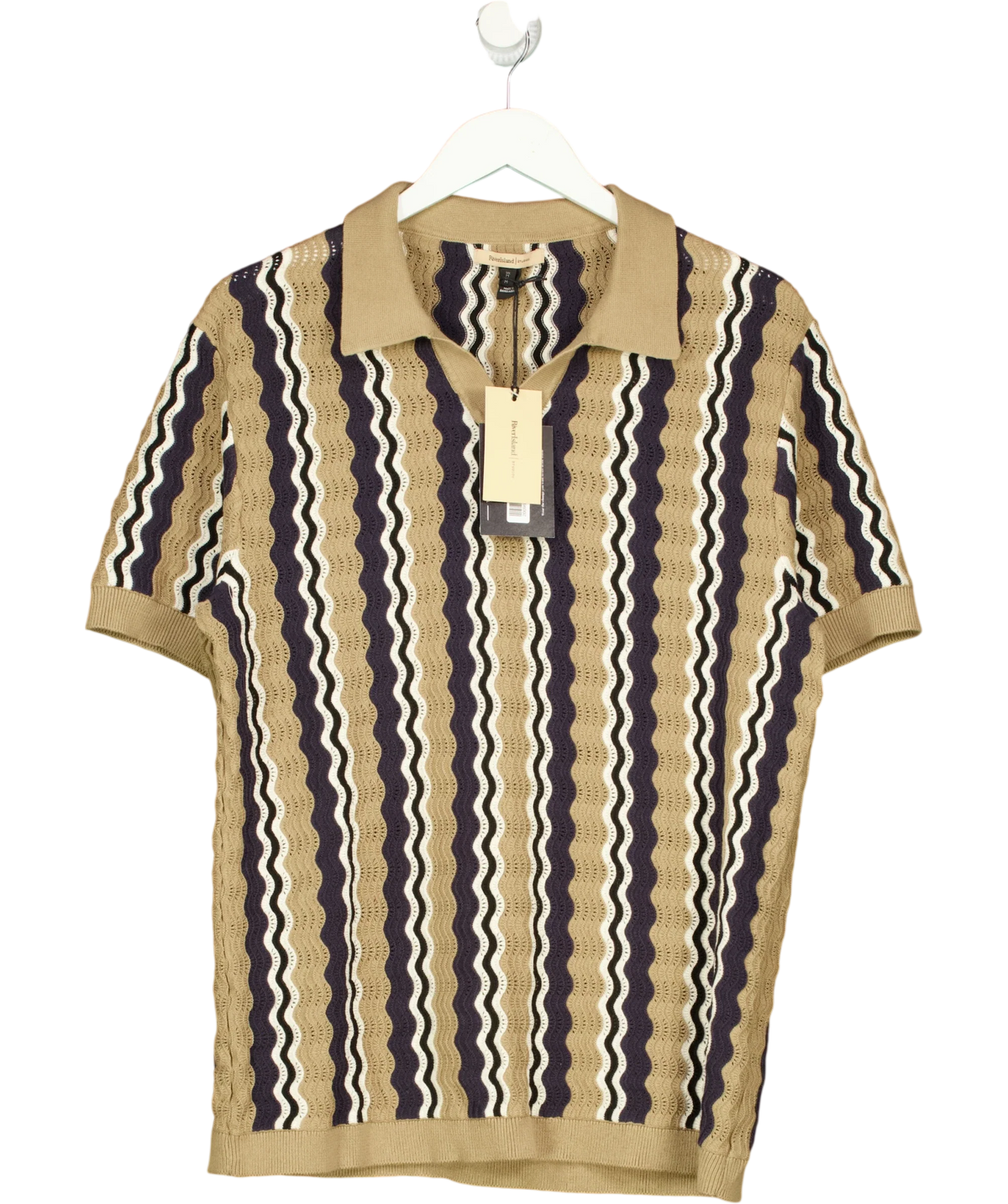 River Island Beige wavy stripe knit polo shirt, size UK M — front