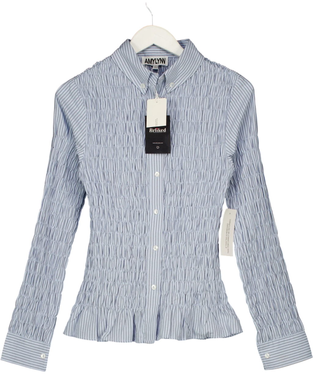 Amy Lynn London Blue Olivia Smocked Cotton Shirt, size UK 10 — front