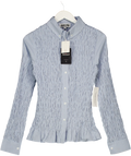 Amy Lynn London Blue Olivia Smocked Cotton Shirt, size UK 10 — front