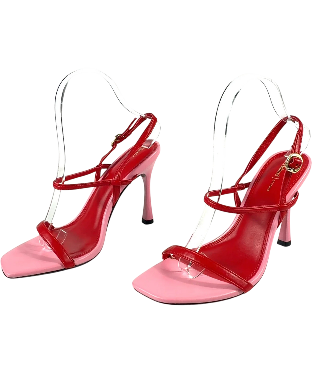 River Island Pink Red Open Back Heeled Sandals, size UK 4 EU 37 👠 — label