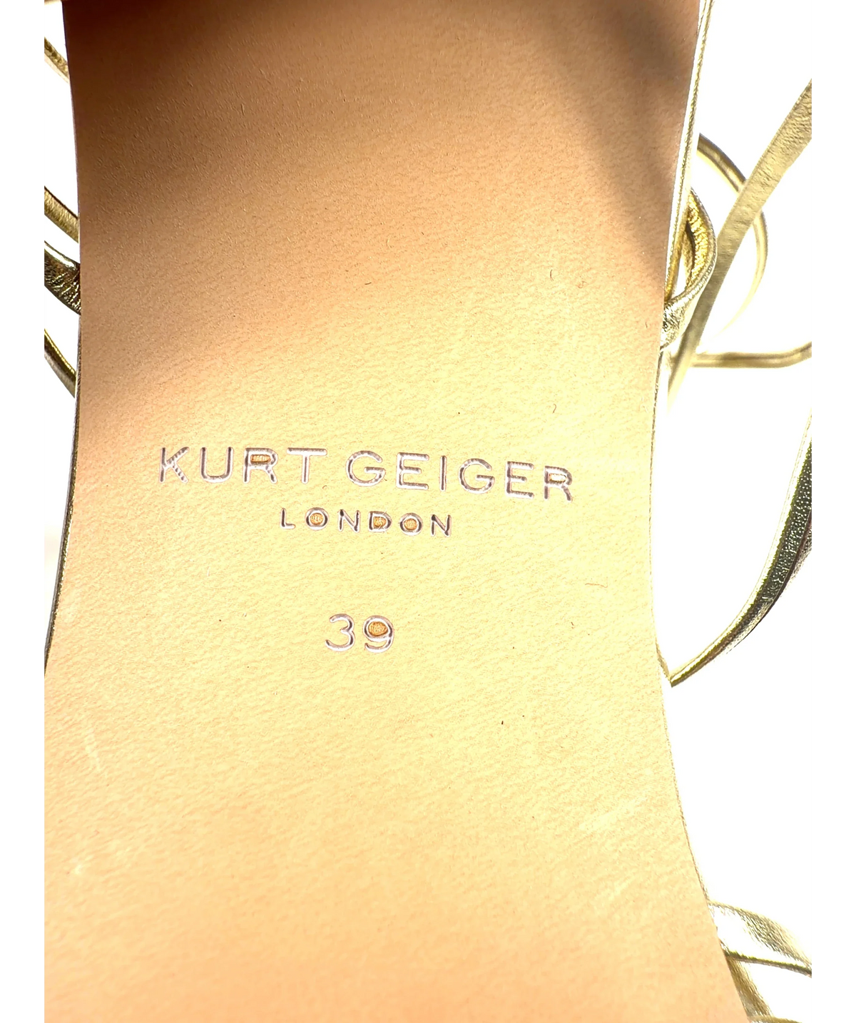 Kurt Geiger gold Multi Strap Tie Heel, size UK 6 EU 39 👠 — fabric detail