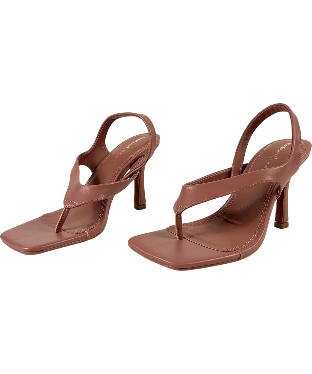 River Island Brown Pink Toe Thong Heeled Sandals, size UK 4 EU 37 👠 — label