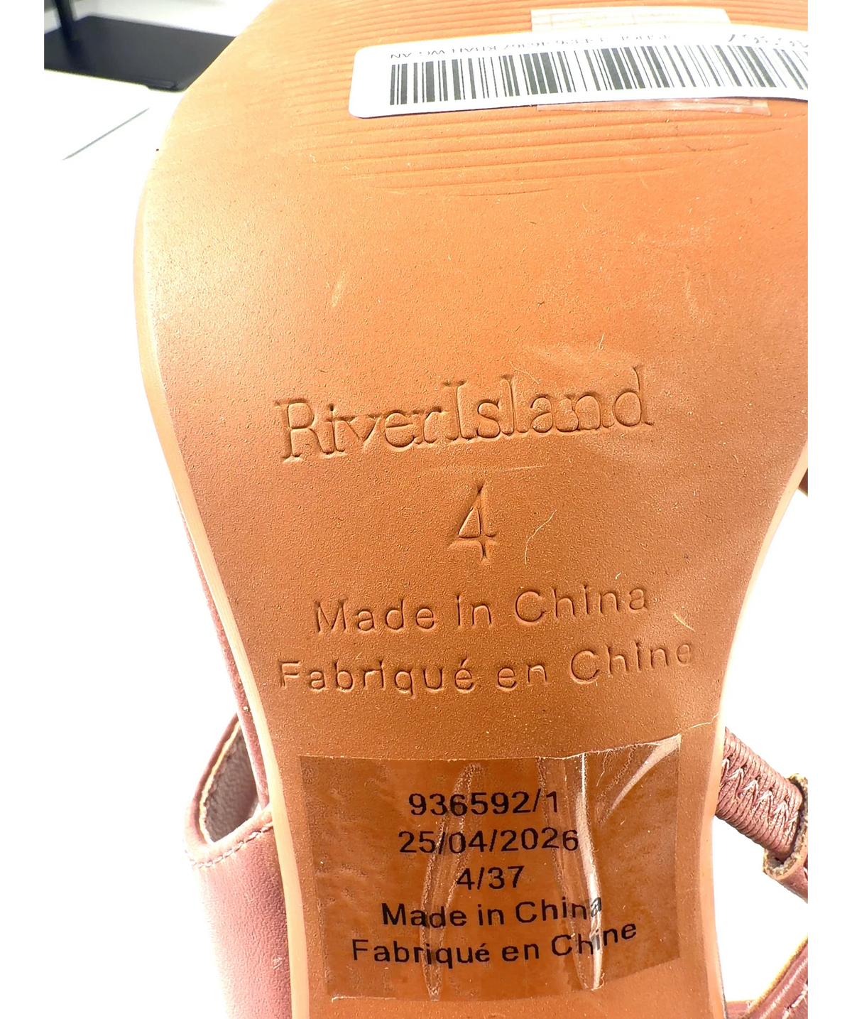 River Island Brown Pink Toe Thong Heeled Sandals, size UK 4 EU 37 👠 — fabric detail