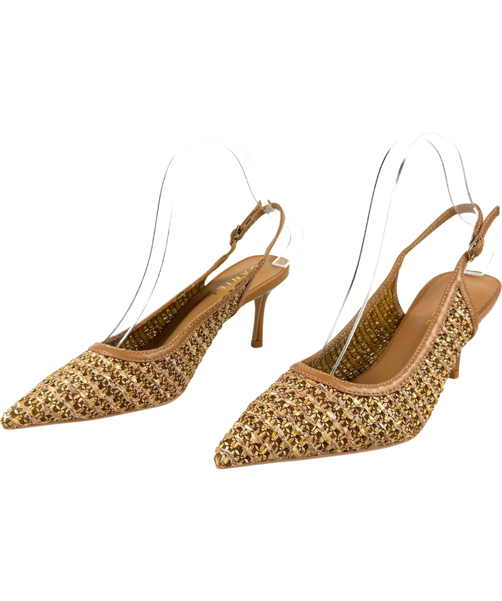 Daniel Beige woven metallic slingback kitten heel, size UK 4 EU 37 👠 — label