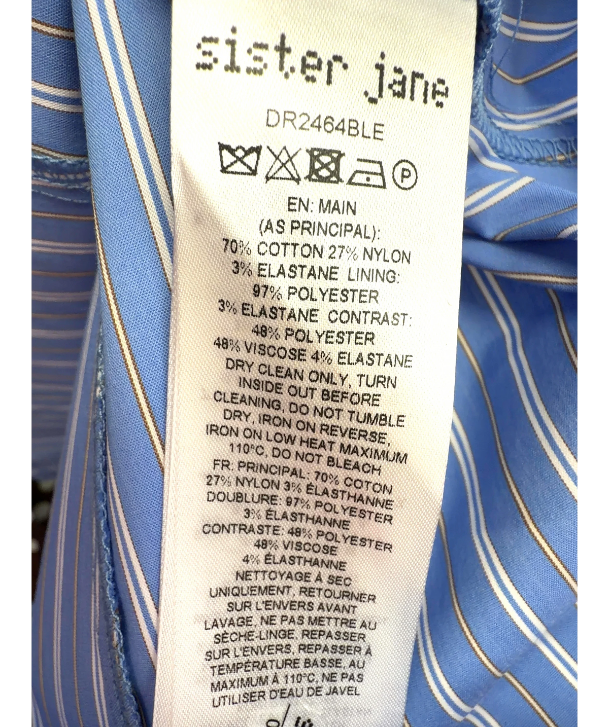Sister Jane Blue Tulip Stripe Mini Dress, size UK M — label