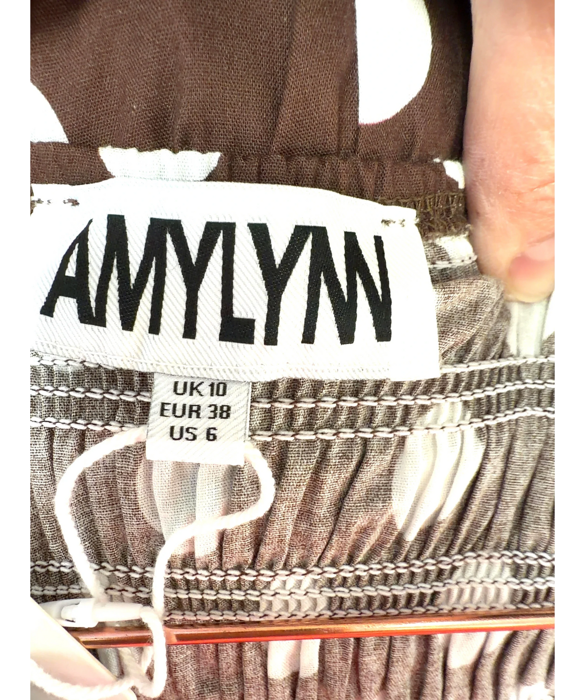 AMYLYN Brown Matilda Pure Cotton Brown Polka Dot Midi Dress, size UK 10 — detail