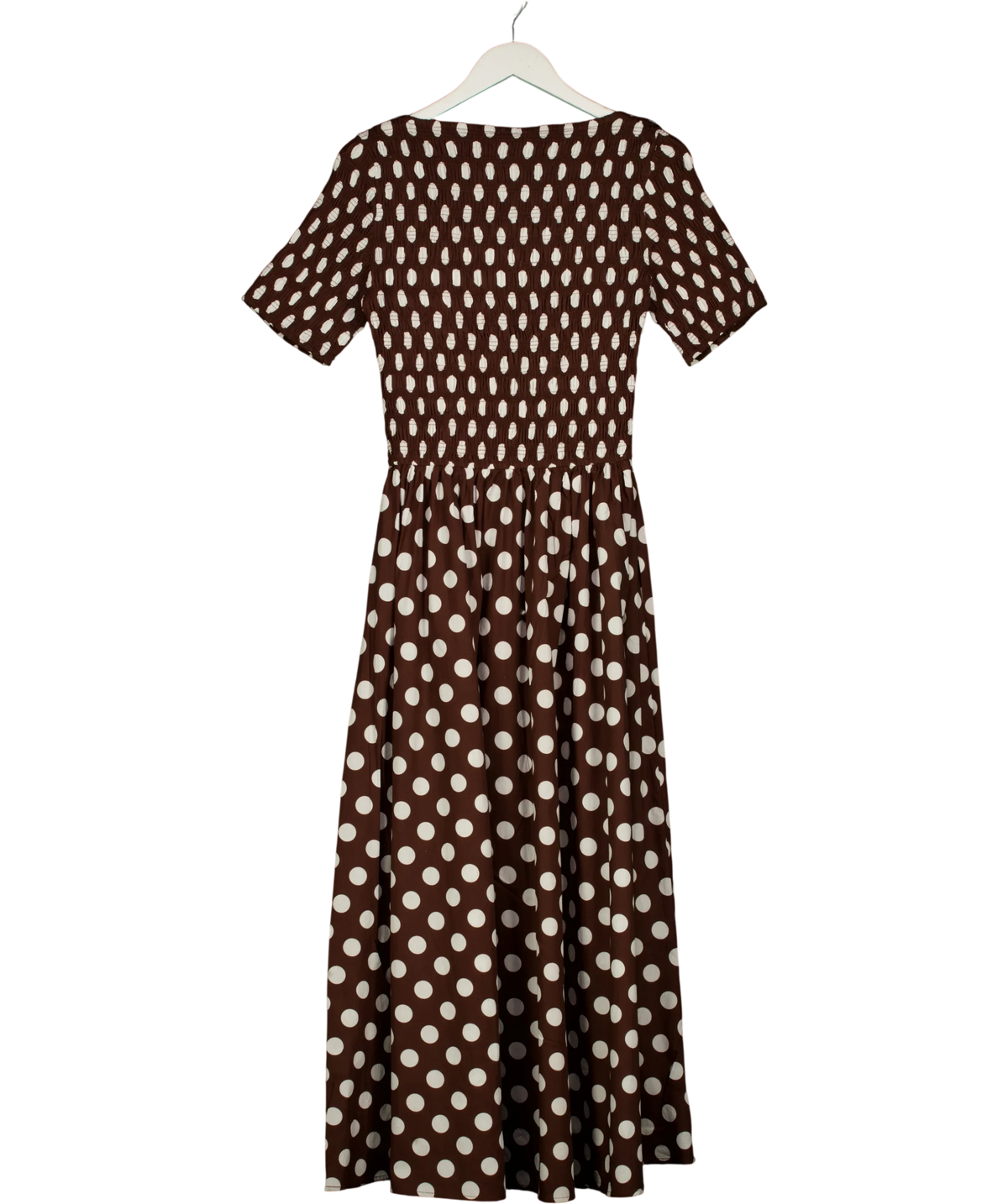 AMYLYN Brown Matilda Pure Cotton Brown Polka Dot Midi Dress, size UK 10 — back