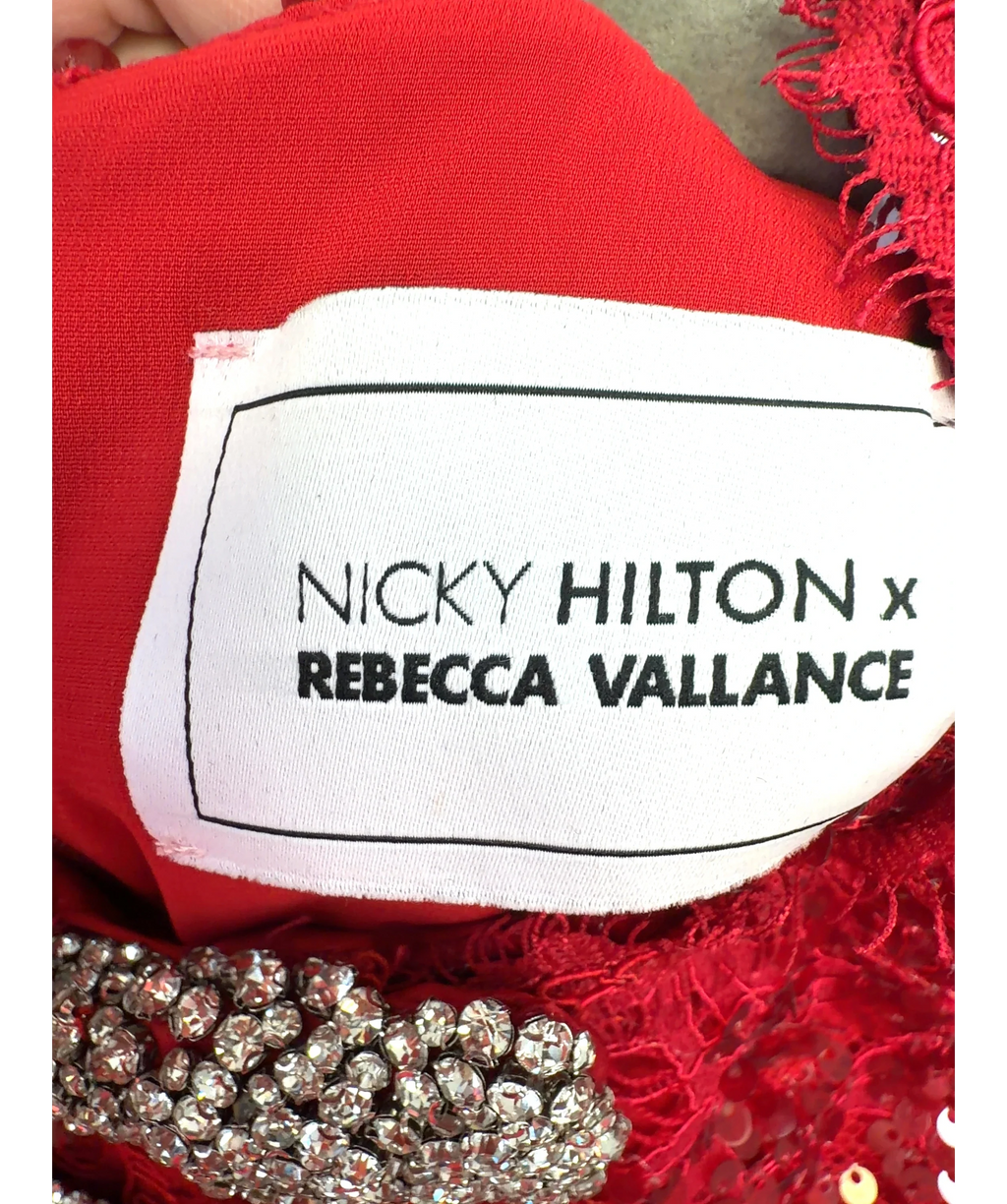 Nicky Hilton x Rebecca Vallance Red Leyla Short Sleeve Sequin Mini Dress, size UK 8 — detail