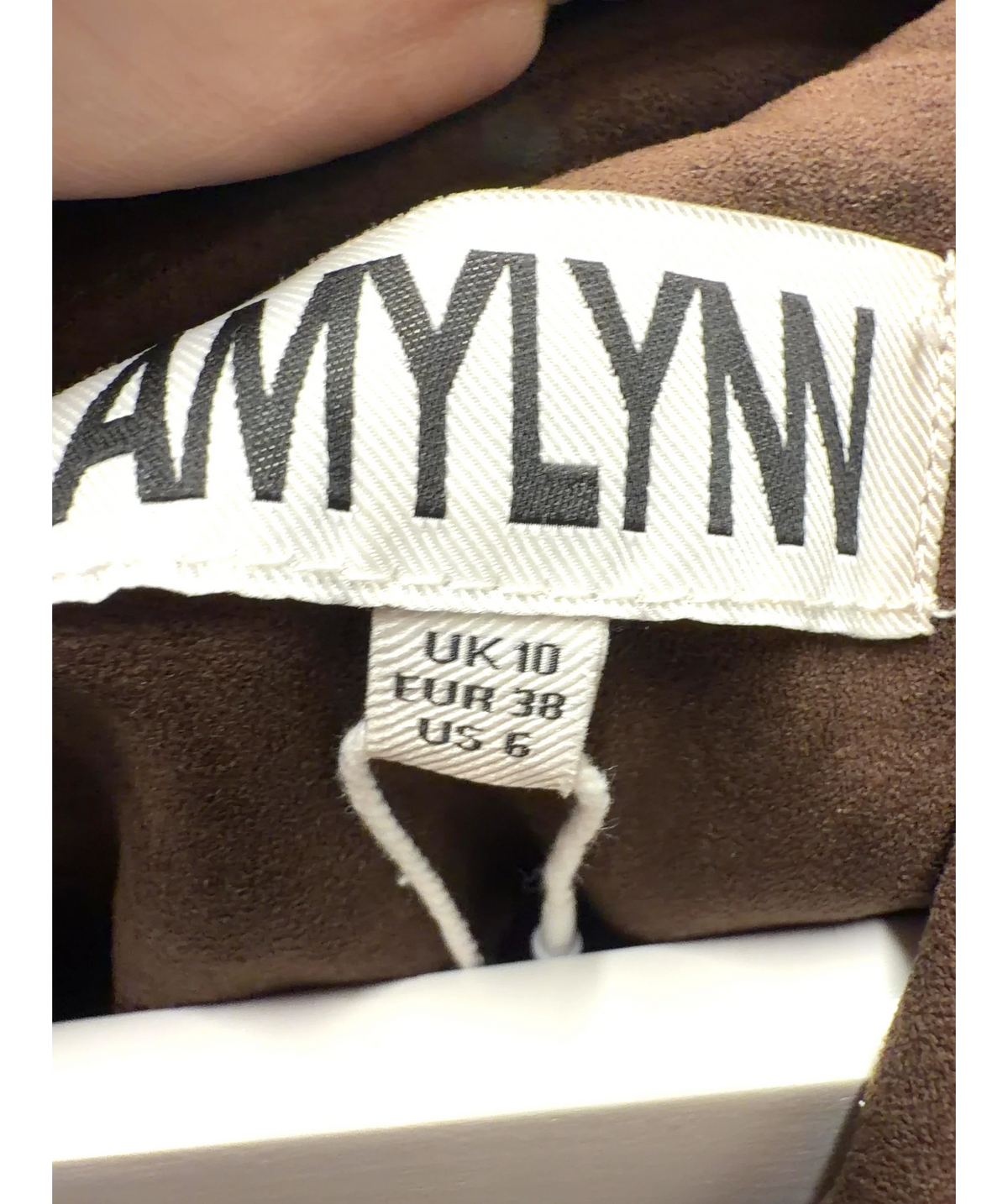 Amy Lynn London Brown Rina Smocked-Waist Faux-Suede Jacket and Suki Faux Suede Asymmetric Maxi/Midi Skirt, size… — care label