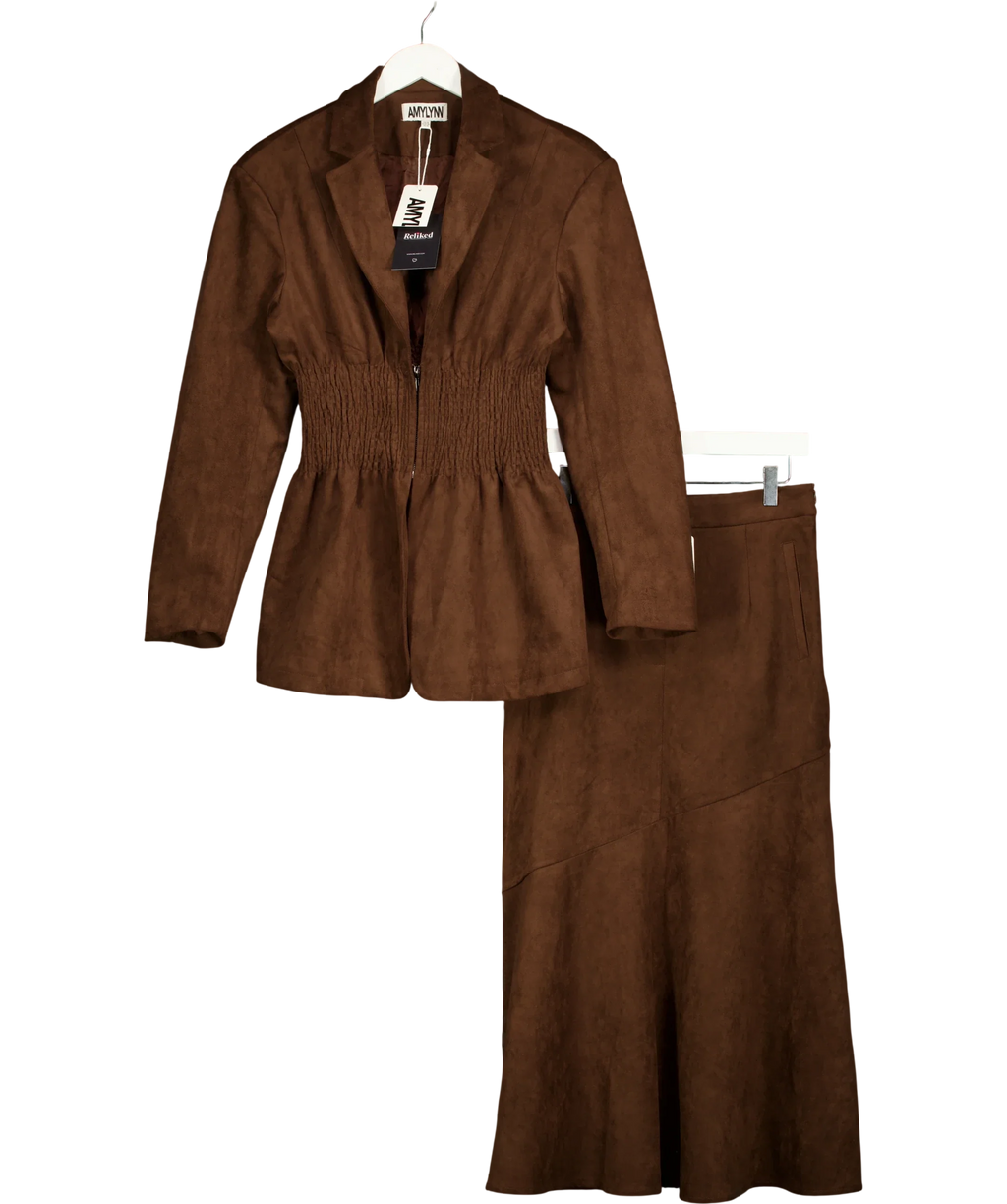 Amy Lynn London Brown Rina Smocked-Waist Faux-Suede Jacket and Suki Faux Suede Asymmetric Maxi/Midi Skirt, size UK 10 — front