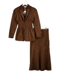 Amy Lynn London Brown Rina Smocked-Waist Faux-Suede Jacket and Suki Faux Suede Asymmetric Maxi/Midi Skirt, size UK 10 — front