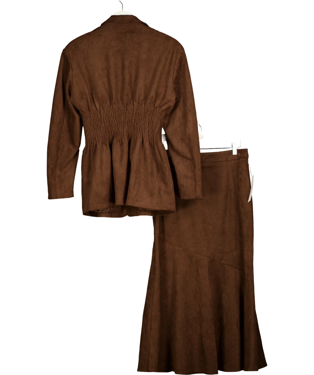 Amy Lynn London Brown Rina Smocked-Waist Faux-Suede Jacket and Suki Faux Suede Asymmetric Maxi/Midi Skirt, size UK 10 — back