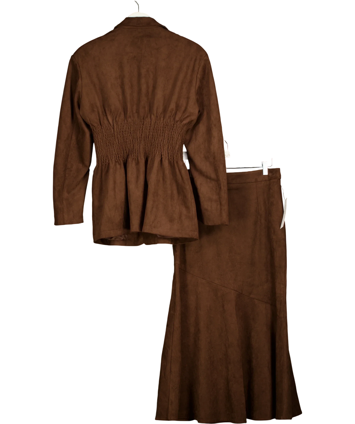 Amy Lynn London Brown Rina Smocked-Waist Faux-Suede Jacket and Suki Faux Suede Asymmetric Maxi/Midi Skirt, size UK 10 — back