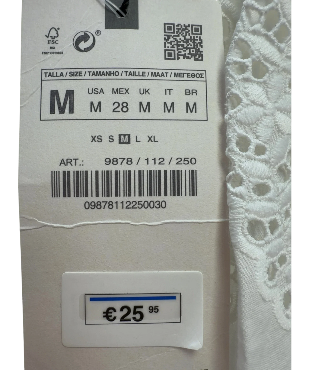 ZARA White sleeveless embroidered eyelet collar blouse, size UK M — fabric detail