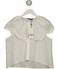 ZARA White sleeveless embroidered eyelet collar blouse, size UK M — front