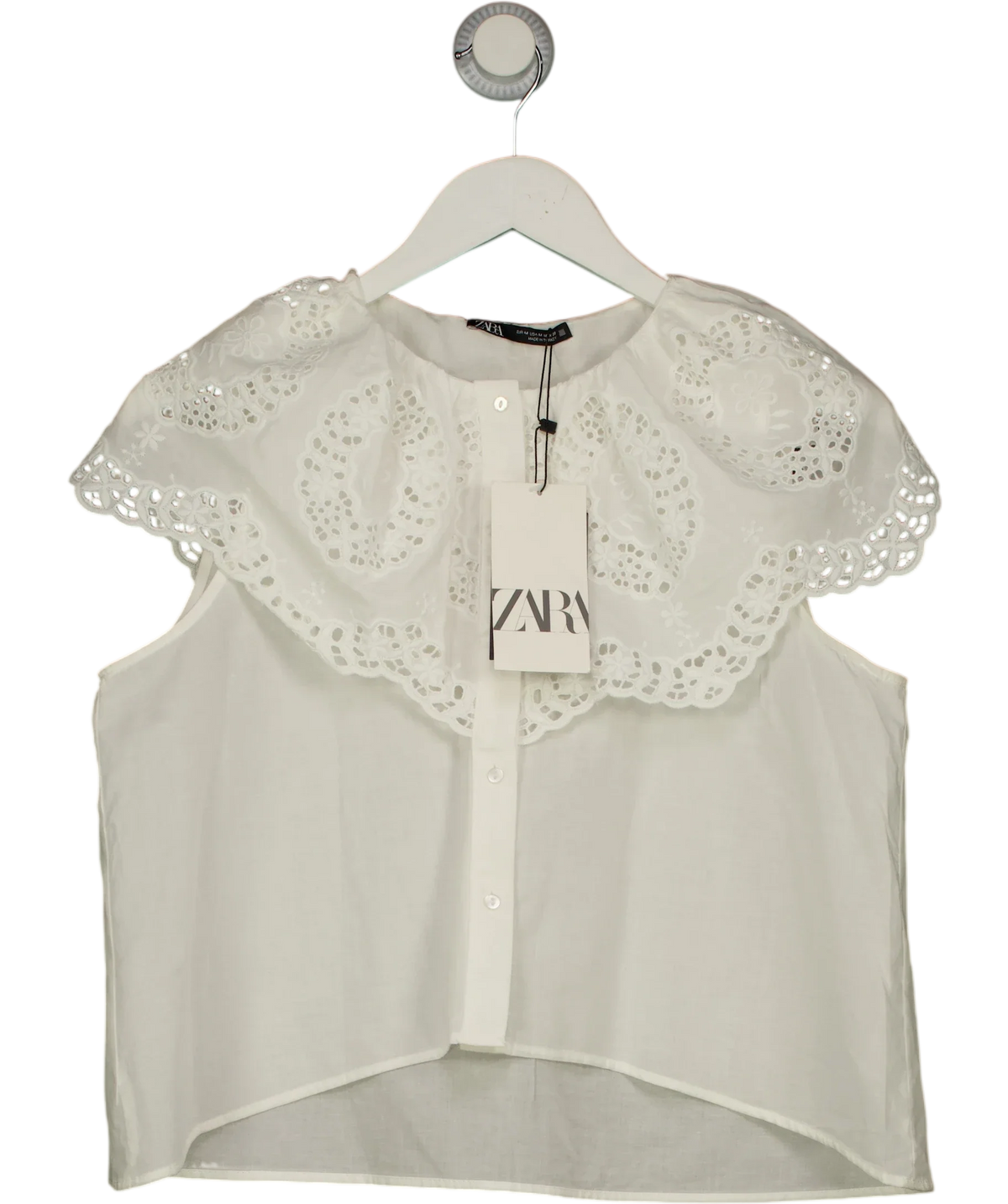 ZARA White sleeveless embroidered eyelet collar blouse, size UK M — front