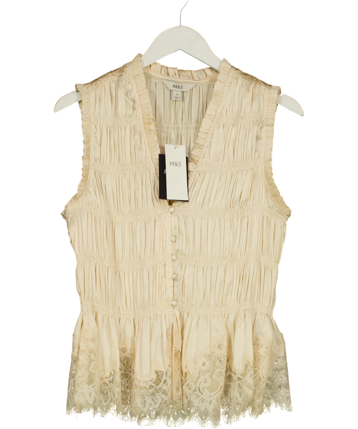 M&S Cream smocked lace-trim peplum blouse, size UK 12 — front